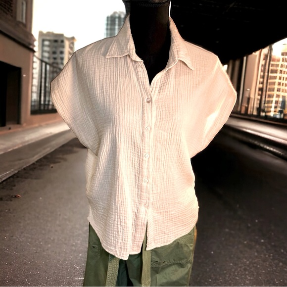 Olivaceous Cream Button Down Textured Every Day Short Sleeve Shirt EUC Medium - Picture 1 of 9